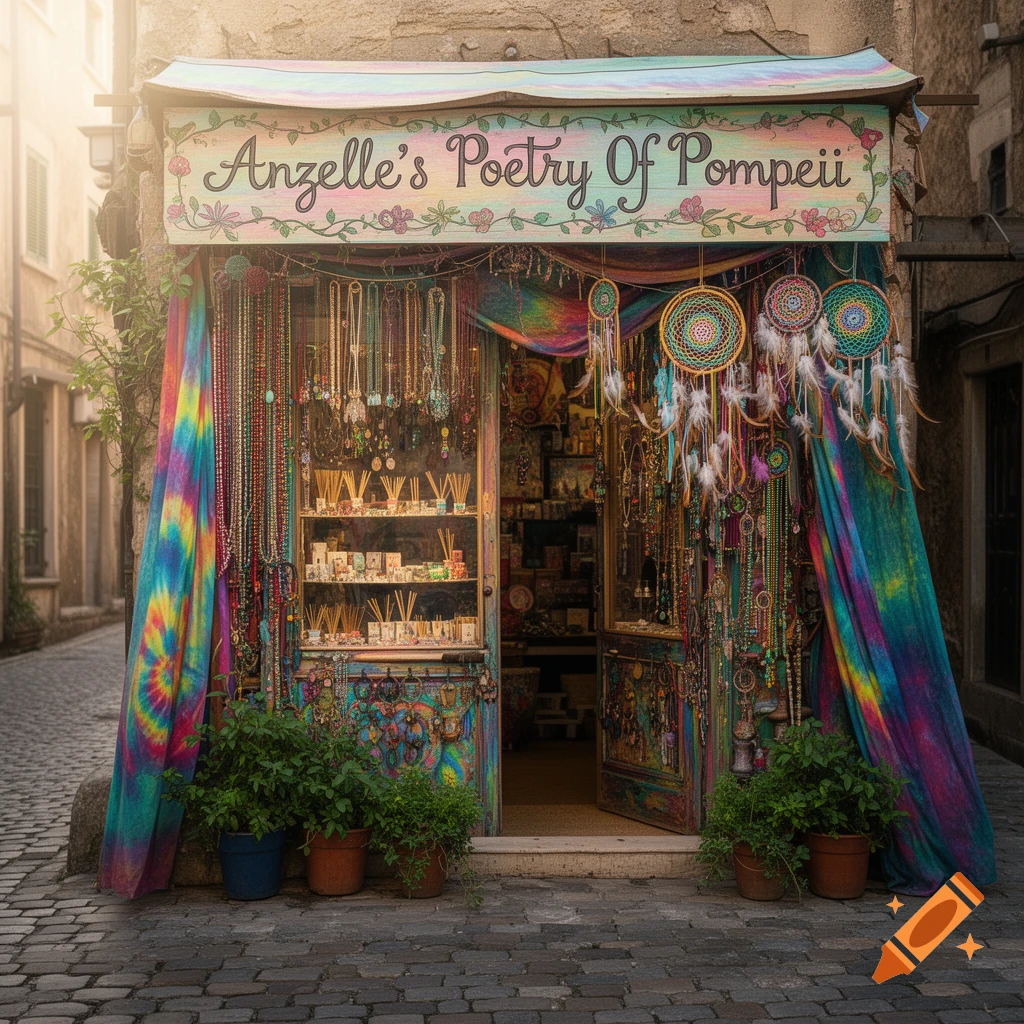 A colorful bohemian shop on a cobblestone street with a sign "Anzelle's Poetry Of Pompeii", decorated with dreamcatchers and tie-dye fabrics.