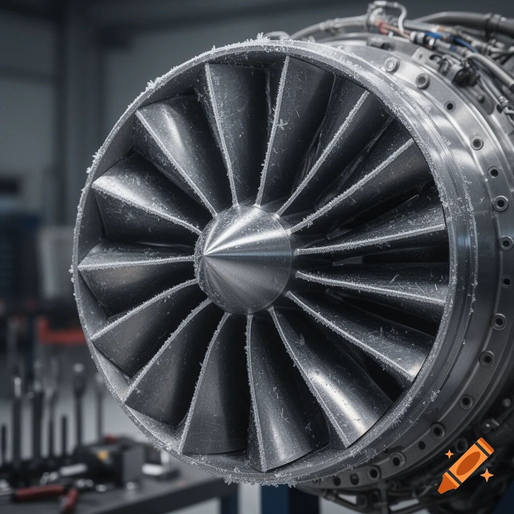 Close-up of a frosty rocket engine turbo pump inducer with many metallic blades, in an industrial setting.