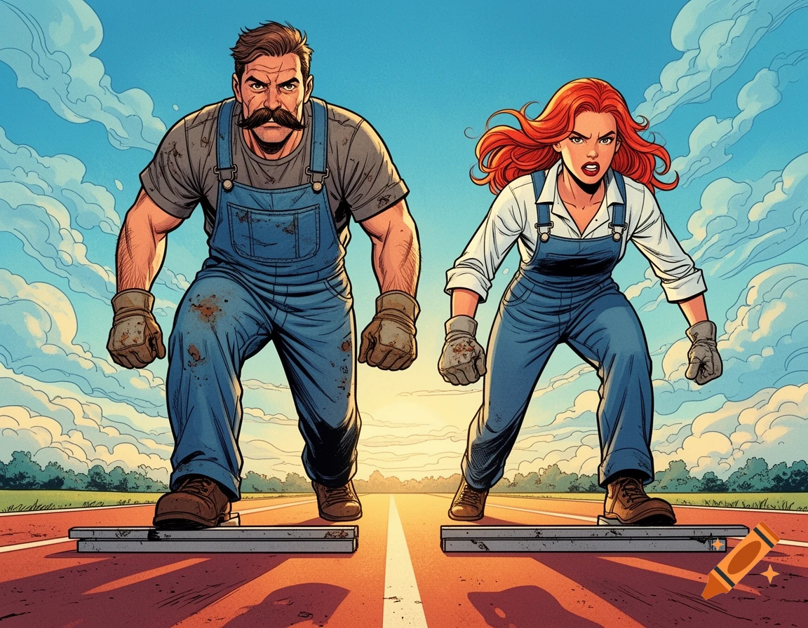 Comic art of a male and female worker in overalls, poised on starting blocks for a race on a sunny track.