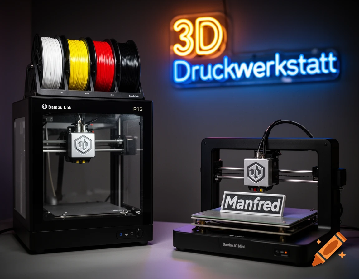 Two Bambu Lab 3D printers, a P1S with filament and an A1 Mini with a 'Manfred' print, beneath a neon '3D Druckwerkstatt' sign. Photorealistic.