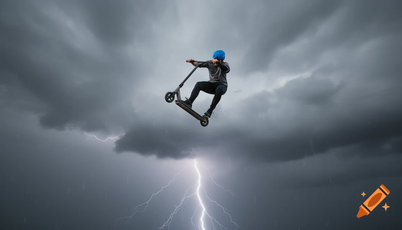 A scooter rider in mid-air, wearing a blue helmet, against a dramatic dark stormy sky with lightning flashes.