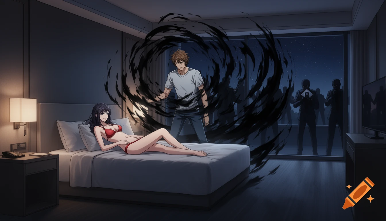 Anime scene of a man casting a dark shadow barrier in a hotel room, protecting a woman in a red bikini on the bed from silhouette figures outside.