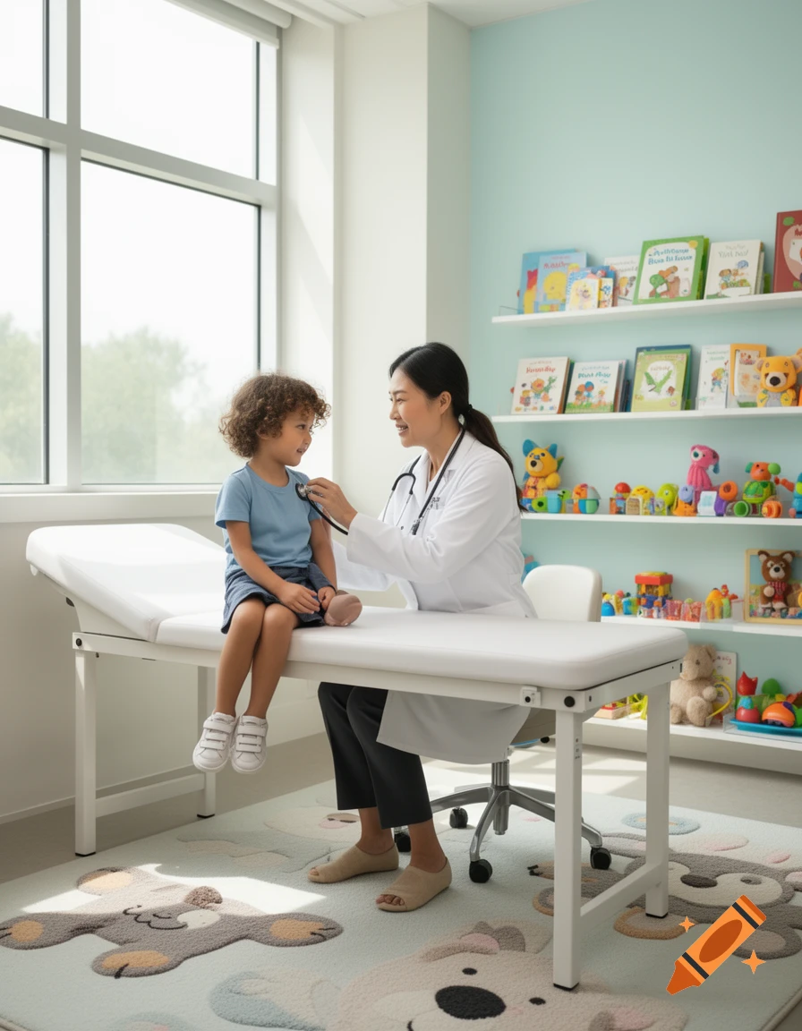 A female pediatrician uses a stethoscope to examine a young child sitting on an examination table in a brightly lit doctor's office with toy-filled shelves.