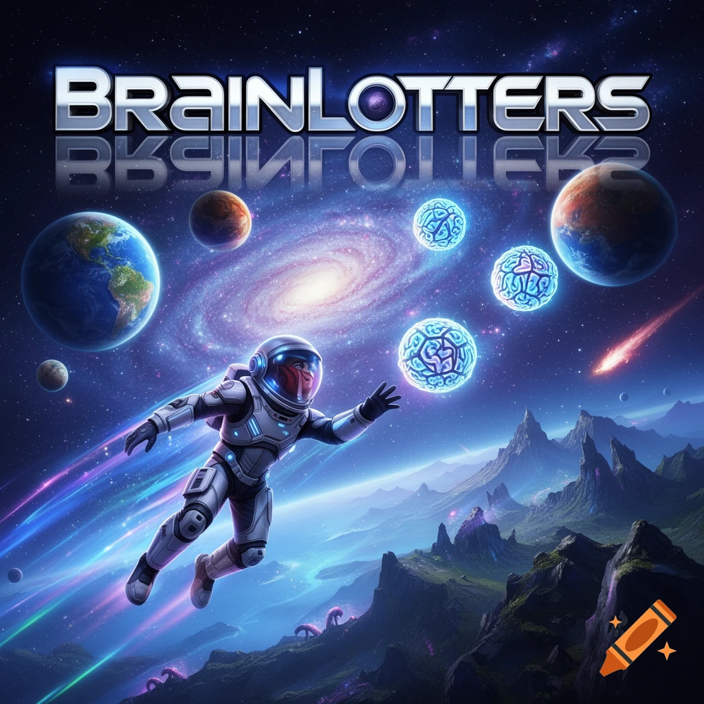 An astronaut floats in space among planets and a galaxy, above a futuristic mountainous landscape, with the text 'BRAINLOTTERS' above.