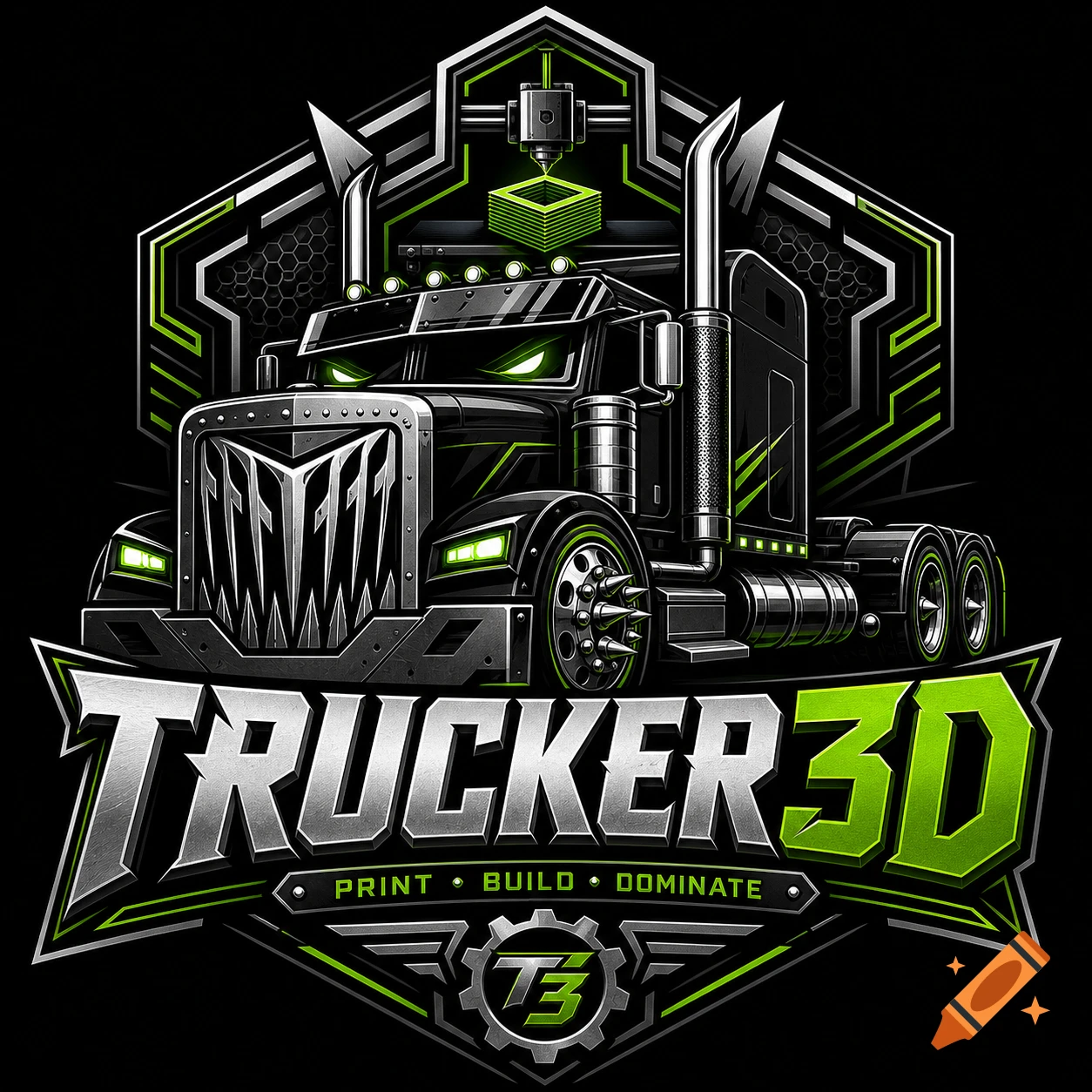 Bold, aggressive Trucker3D logo featuring a mean semi-truck, neon green accents, and 3D printing elements on a black background.