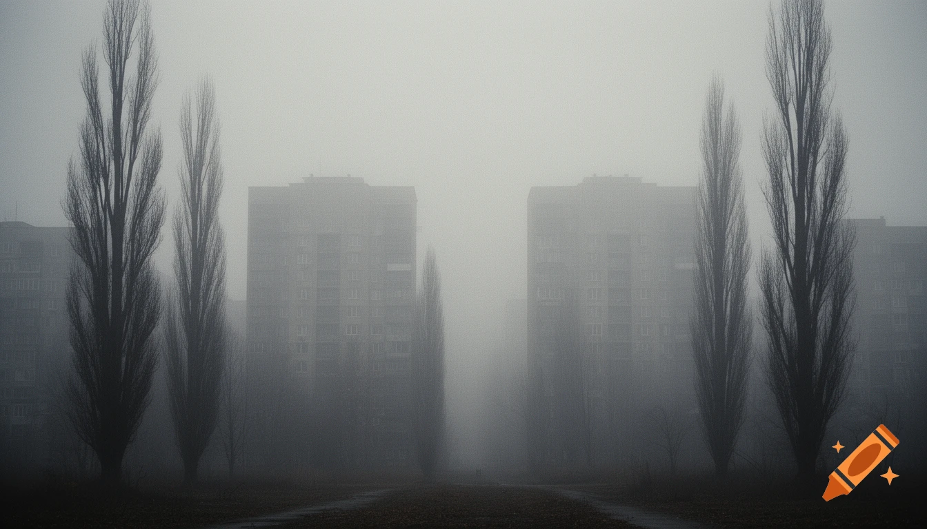 A gloomy, foggy urban landscape with tall bare trees and distant brutalist apartment buildings.