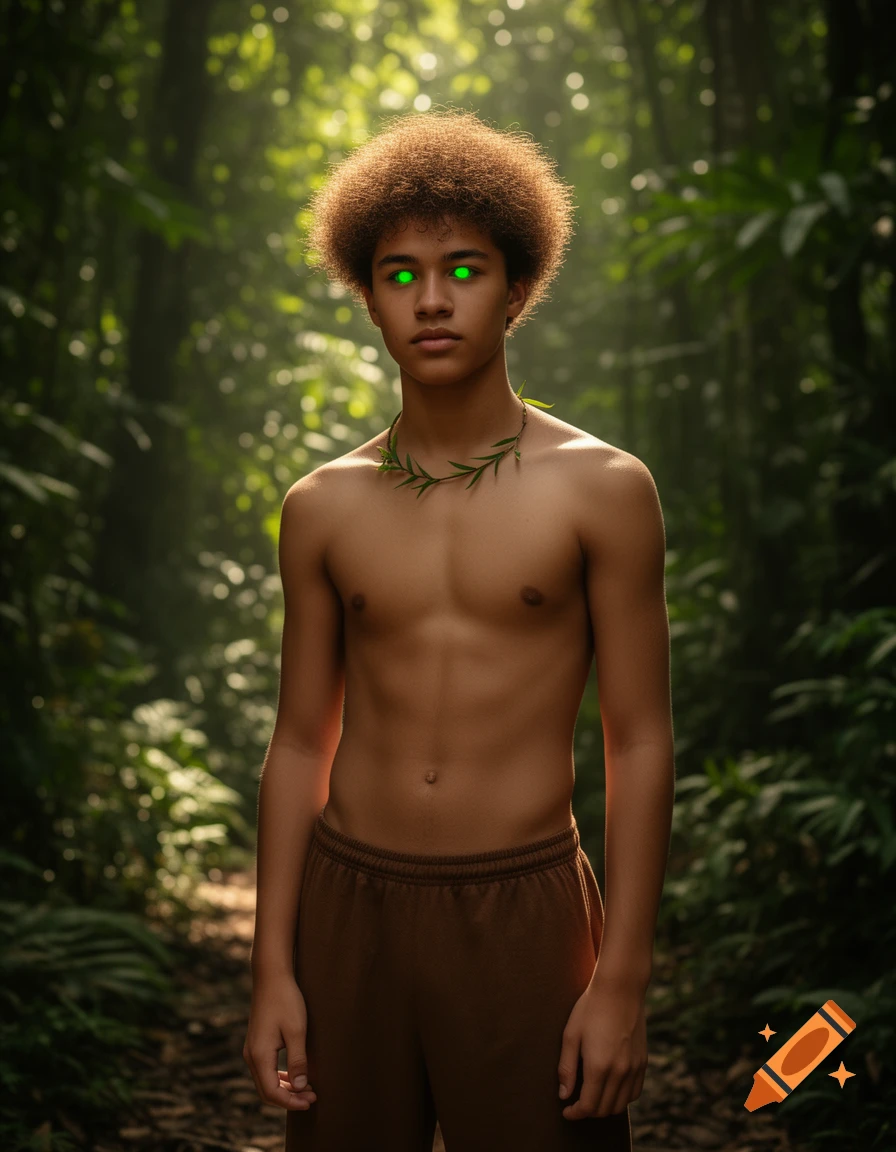 A tall teenage male with fluffy brown hair and neon green eyes stands shirtless in a jungle, wearing a leaf necklace and brown pants.