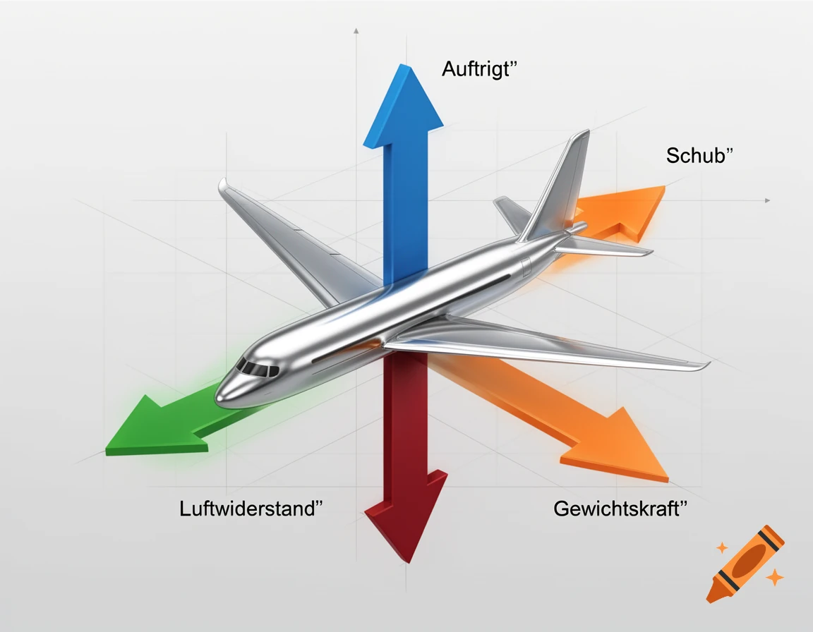 A 3D diagram showing an airplane model with arrows representing the four forces of flight: lift, thrust, drag, and weight.