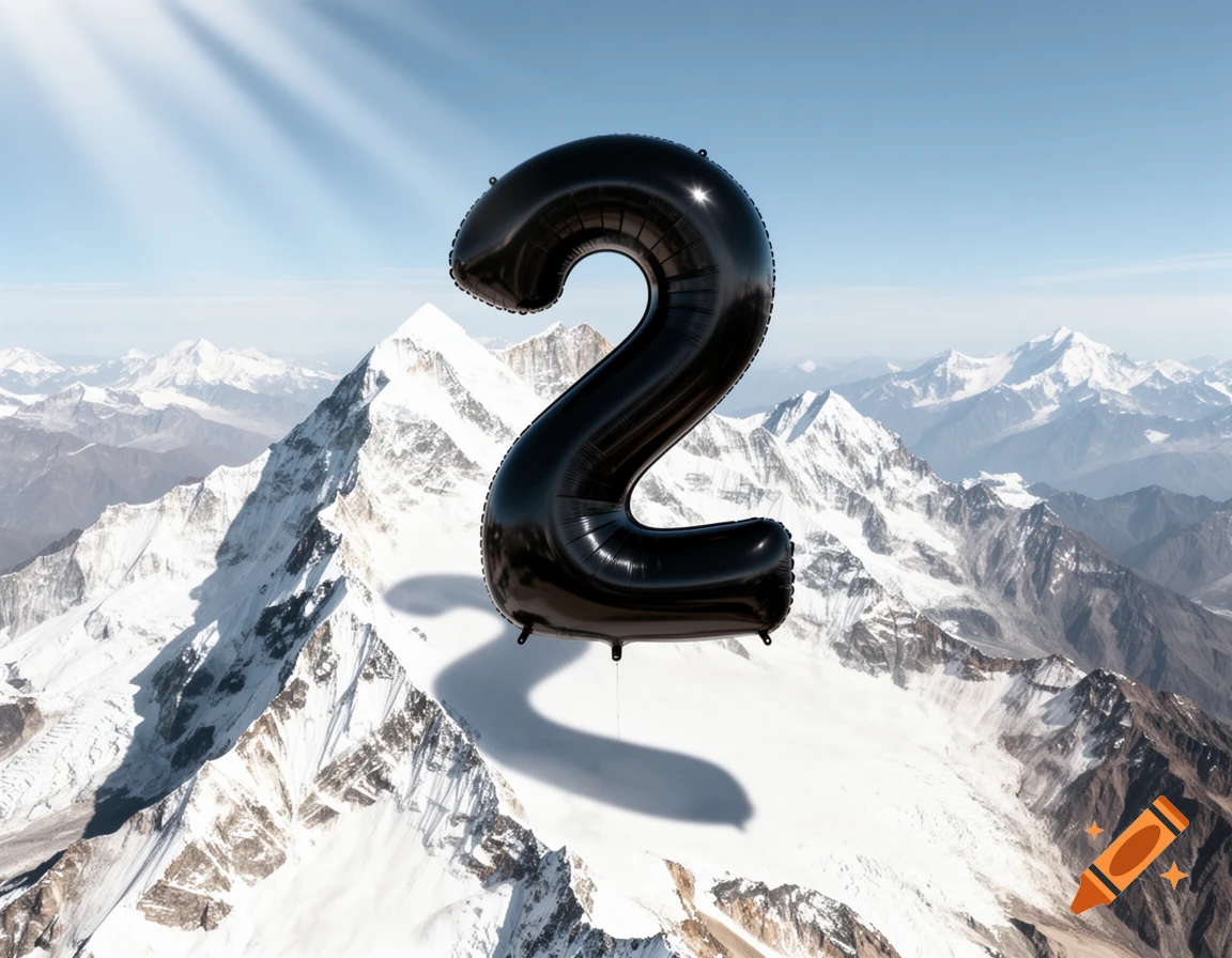 A large, shiny black number 2 balloon floats above majestic snow-capped mountains under a clear blue sky.