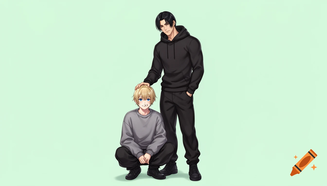 Two anime characters on a mint green background: a blond boy squatting with a man standing beside him, gently patting his head.
