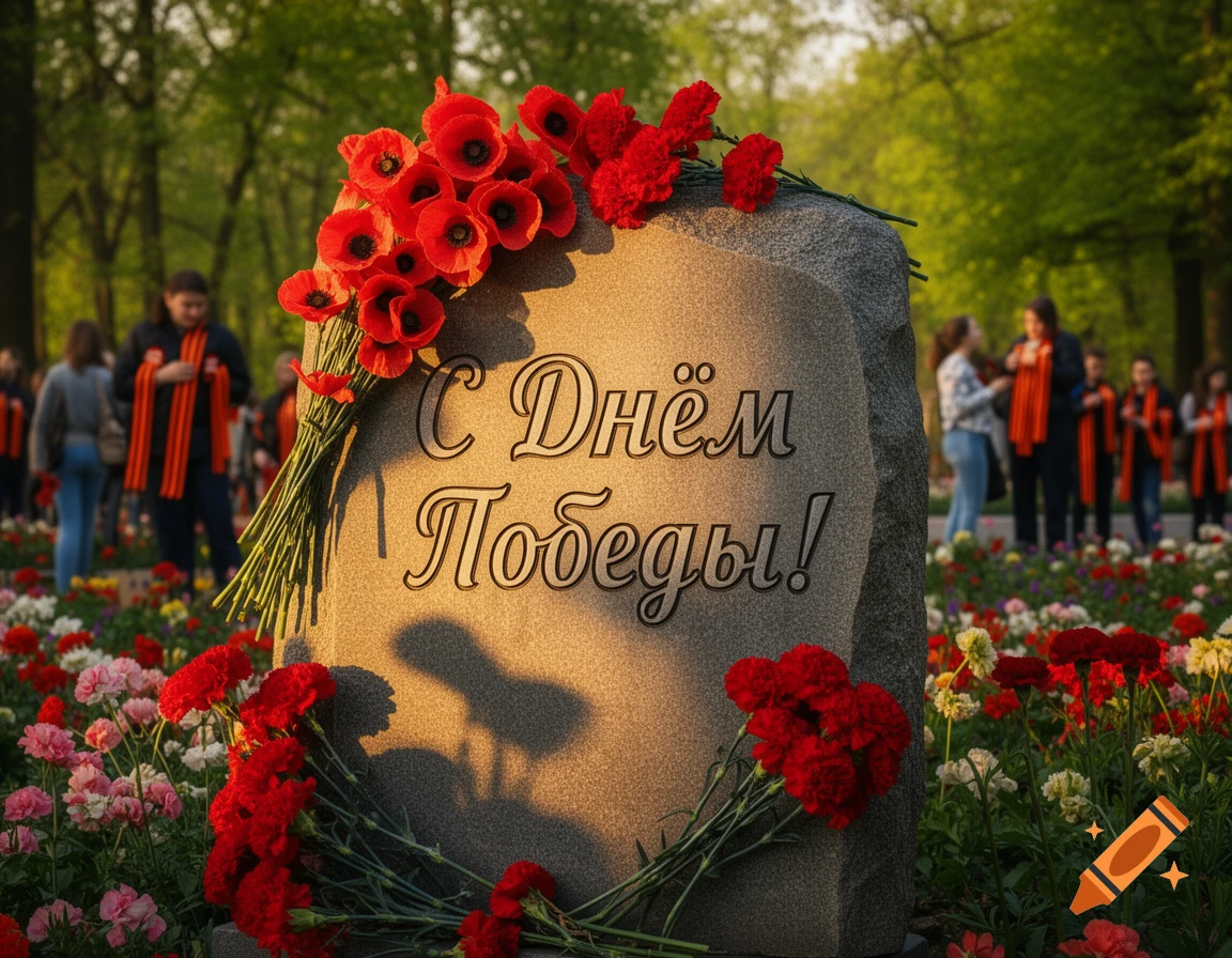 Stone memorial adorned with red poppies and carnations, inscribed " С Днём Победы!", surrounded by flowers and blurred people wearing ribbons.