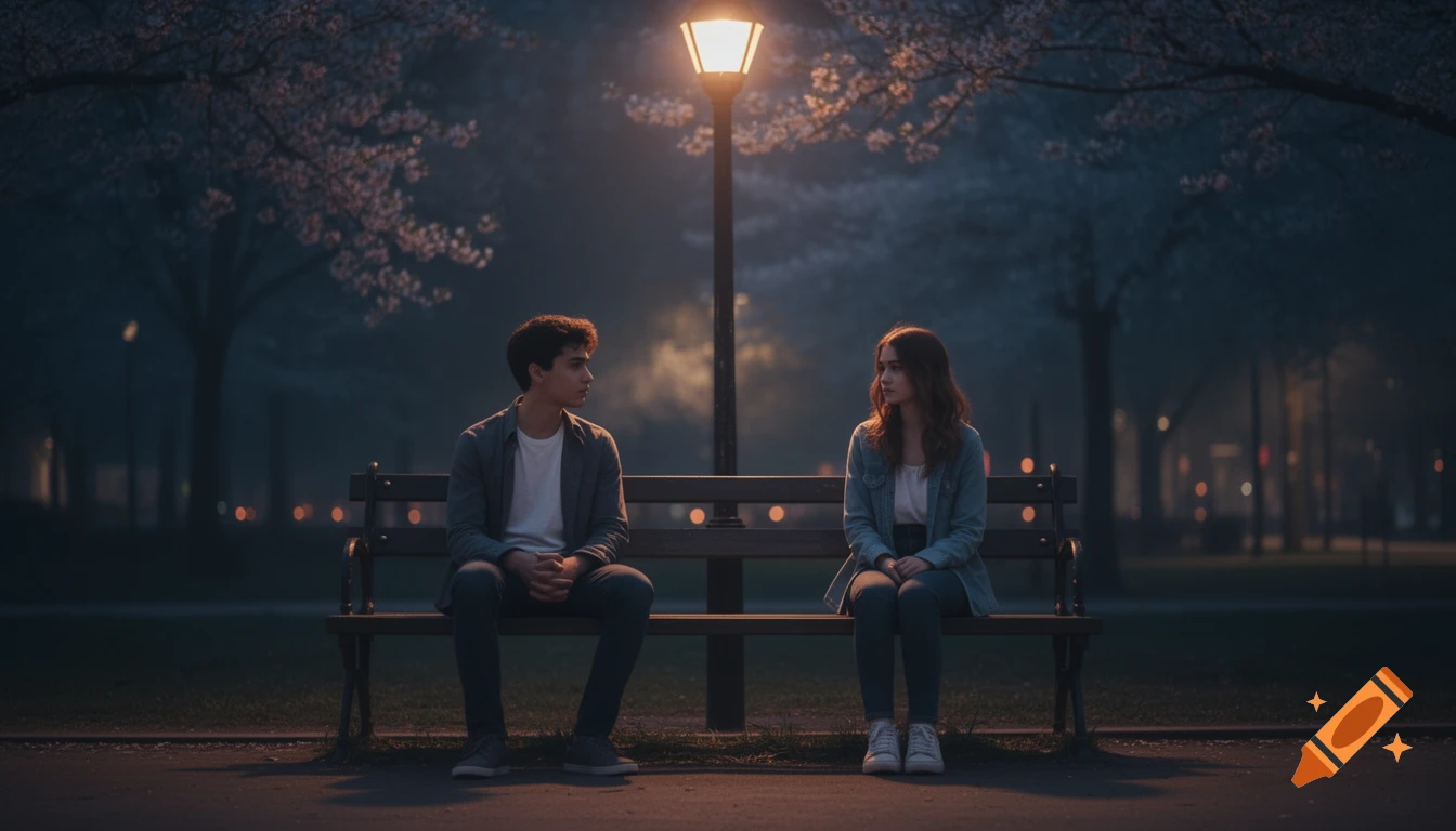 Two young people sit separately on a park bench at night under a glowing lamppost, hinting at unspoken feelings.