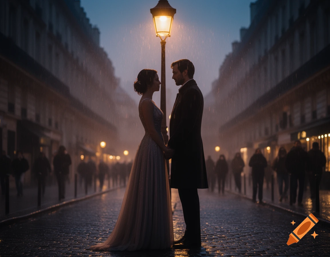A couple holds hands under a streetlamp in the rain on a cobbled city street at night, with blurred figures in the background.