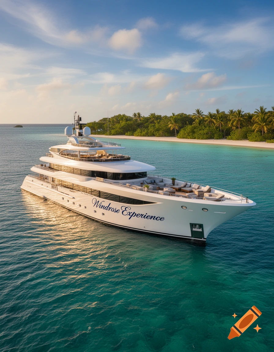 A large white luxury yacht named "Windrose Experience" floats in clear turquoise water next to a white sandy beach with palm trees under a blue sky.