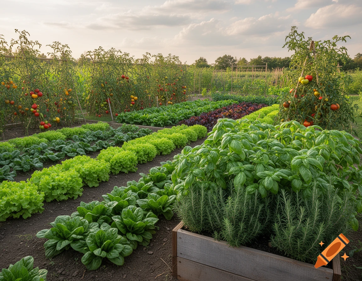 A vibrant potager garden with neat rows of green lettuce, spinach, tomato plants, basil, and rosemary under a cloudy sky.