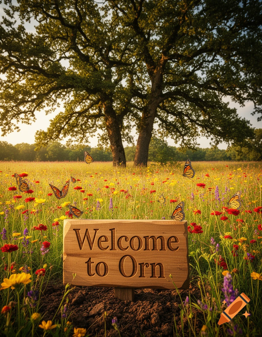 A sunlit meadow filled with colorful wildflowers and butterflies, featuring a wooden sign in the foreground that reads "Welcome to Orn".