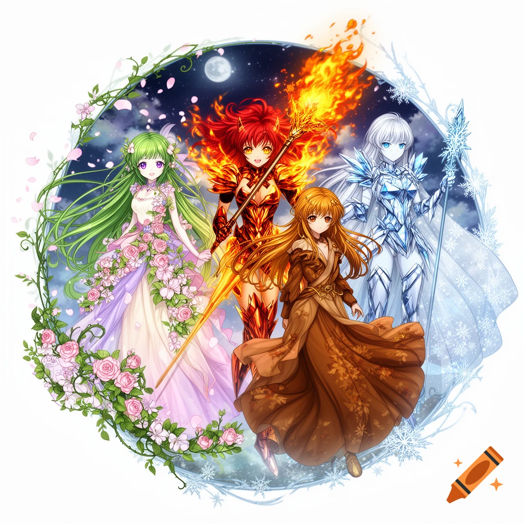 Four anime-style magical girls representing seasons: spring with ...