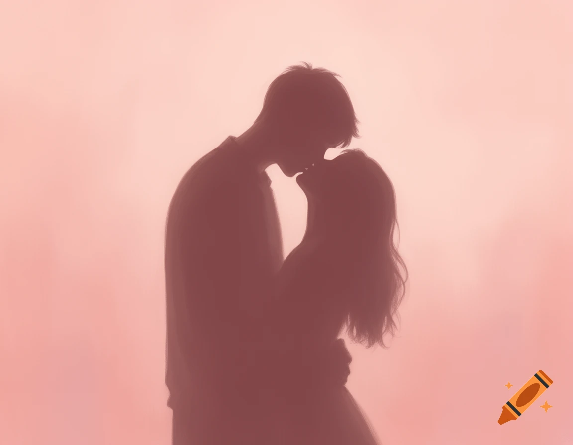 Silhouette of a couple kissing against a soft pink background.
