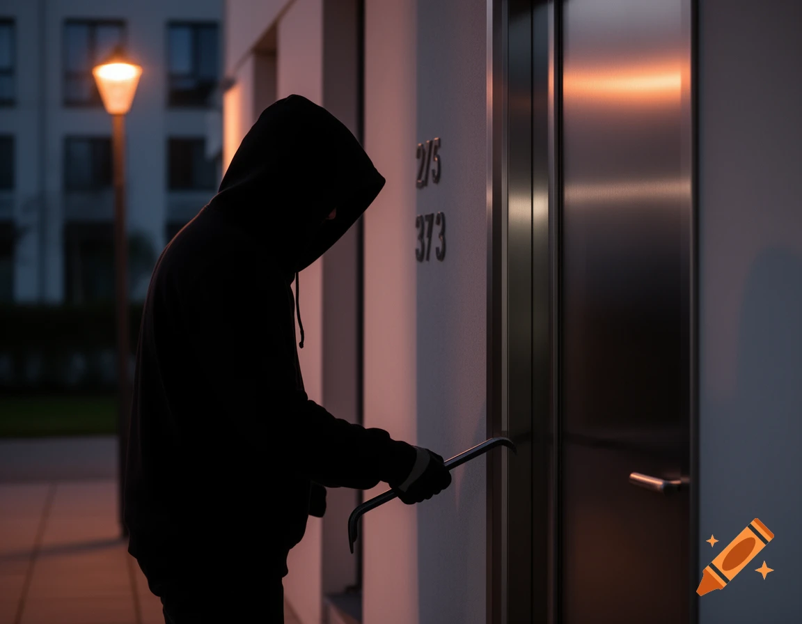 A hooded figure, mostly silhouetted, holds a crowbar and attempts to pry open a modern apartment door at dusk, with a streetlamp glowing in the background.