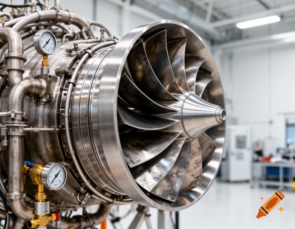 A close-up, photorealistic view of a metallic turbopump inducer with intricate turbine blades, pipes, and gauges in a bright workshop.