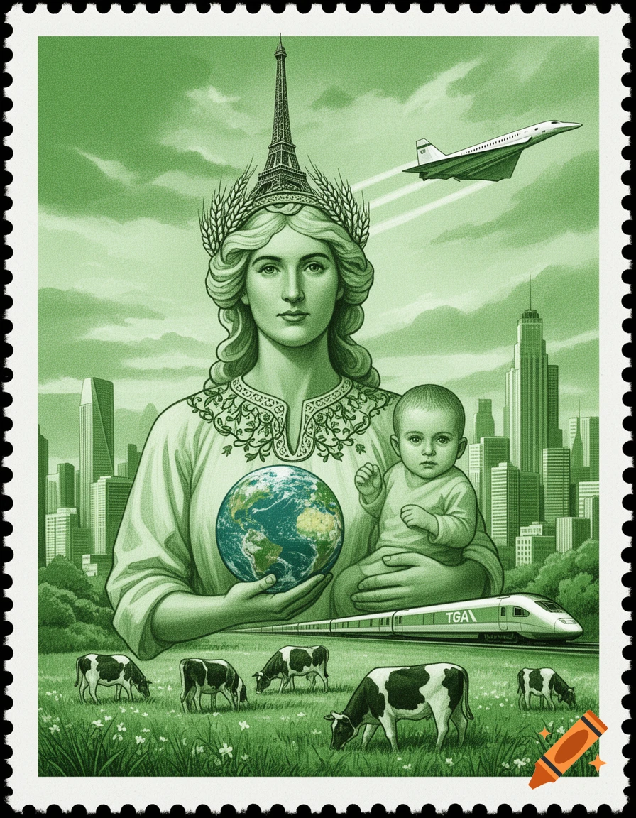 A green-toned stamp features a woman (Marianne) with an Eiffel Tower and wheat tiara, holding a baby and the Earth. A Concorde flies over city skyscrapers, while a TGV train crosses a countryside with cows.