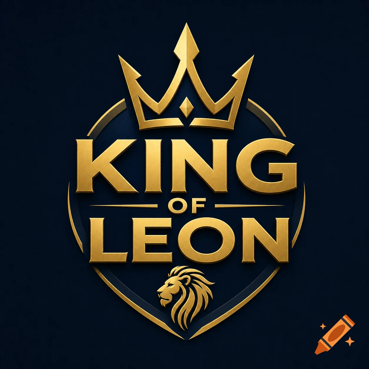 A gold and dark blue logo with a crown, the text 'KING OF LEON', and a stylized lion's head.
