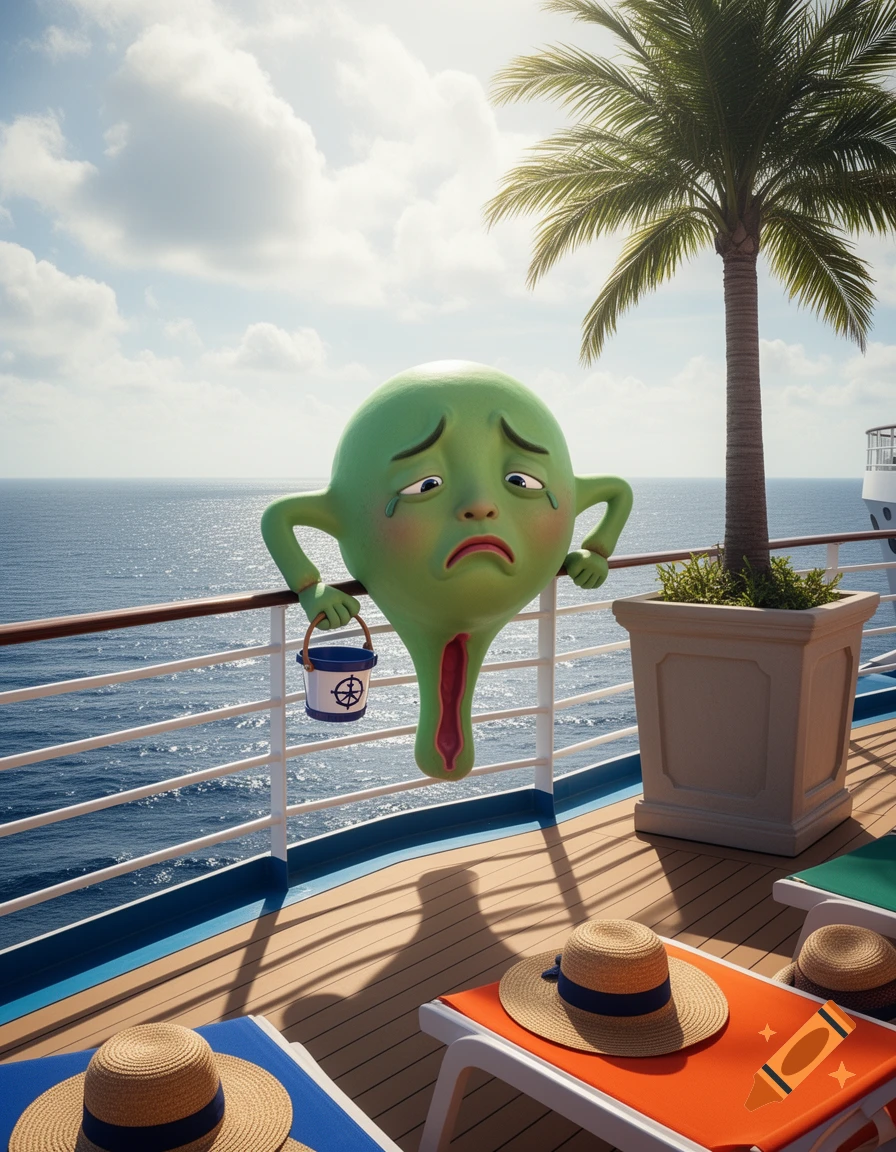 A crying, green, cartoon uterus character, holding a small bucket, leans over a cruise ship railing with the ocean behind it. Photorealistic.