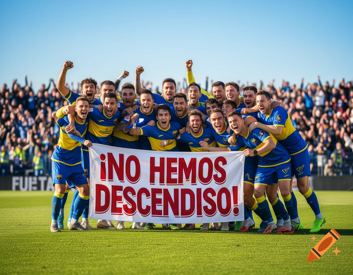 A soccer team in blue and yellow uniforms celebrates on a green field, holding a banner '¡NO HEMOS DESCENDIDO!' with cheering fans.
