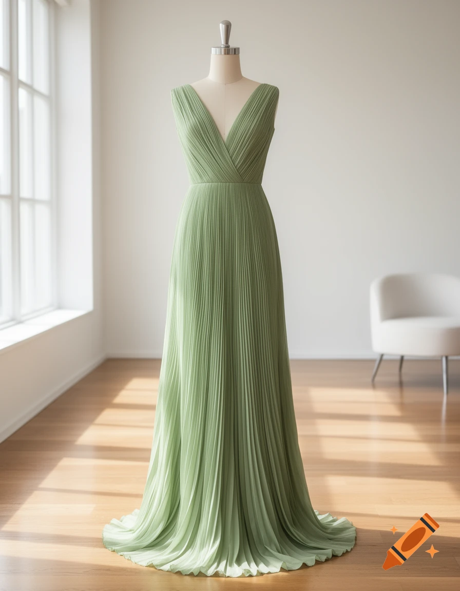 A long, flowing light green pleated dress on a mannequin in a bright room with a large window and wooden floor.