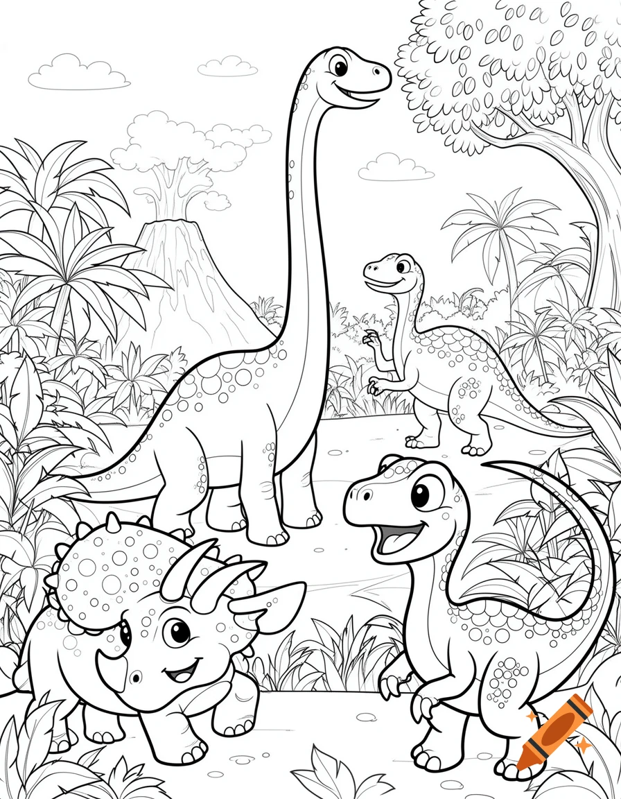 Black and white cartoon line art of four happy dinosaurs in a prehistoric jungle scene with a volcano, ready for coloring.