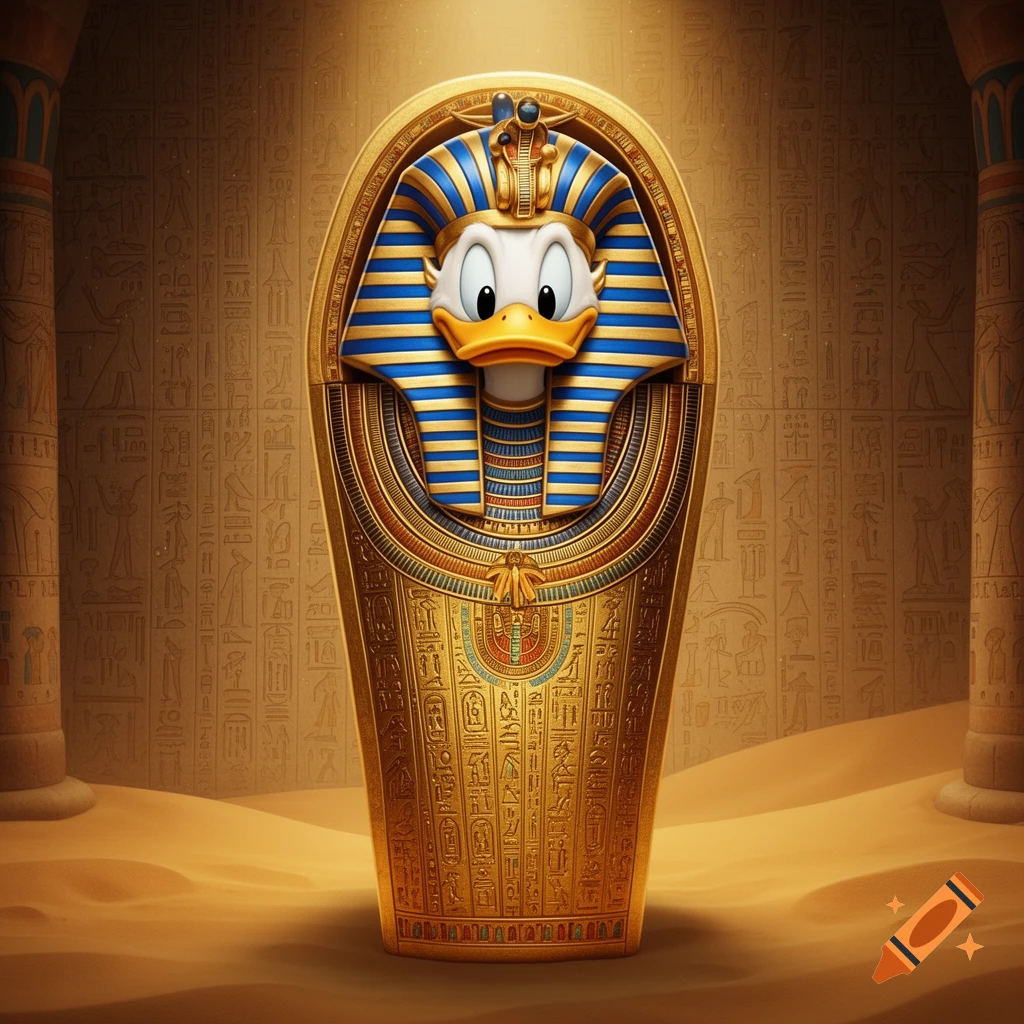 A golden sarcophagus with Donald Duck's face as the pharaoh, surrounded by hieroglyphs in an Egyptian tomb.