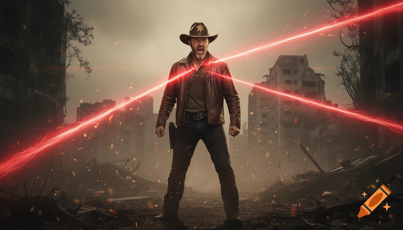 Rick Grimes with a cowboy hat shooting red lasers from his eyes, standing defiantly in a destroyed, post-apocalyptic city.