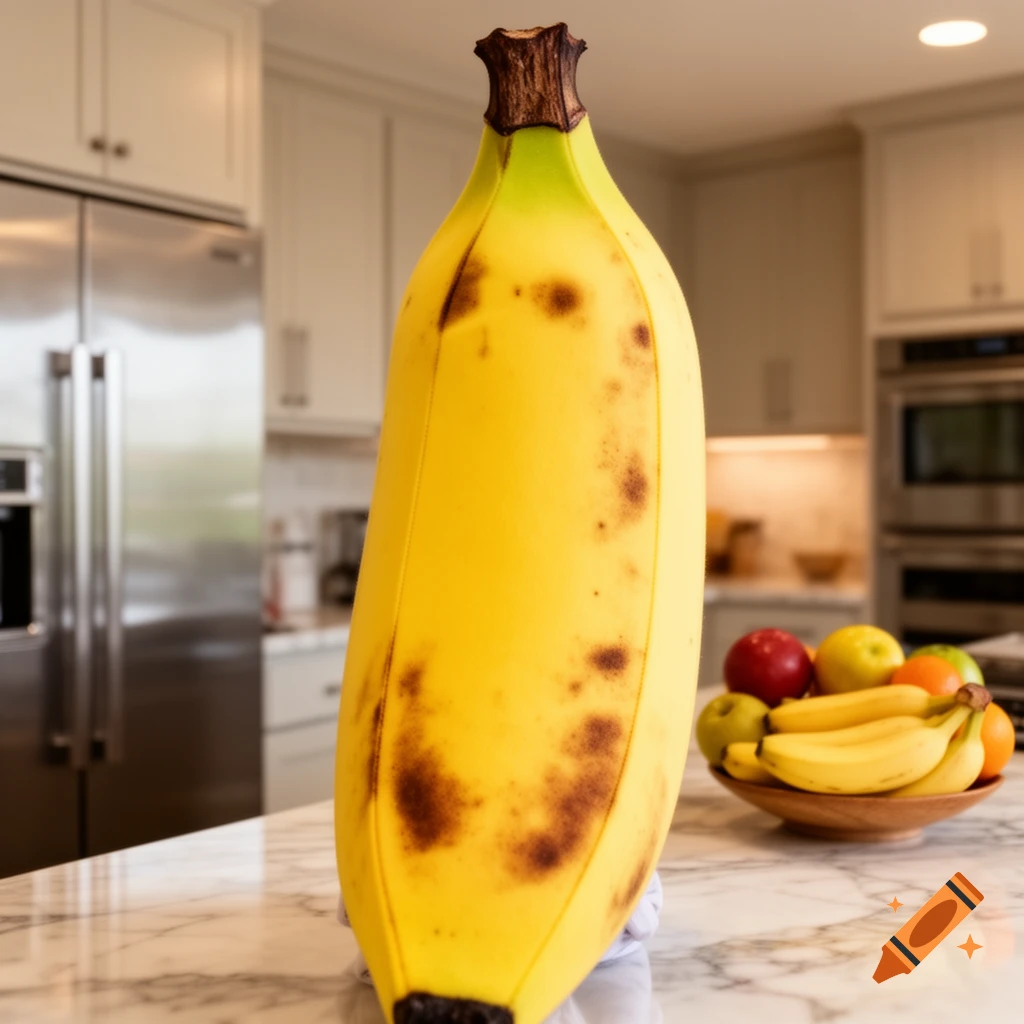 A giant banana stands upright on a marble kitchen counter with a bowl of fruit in the background.