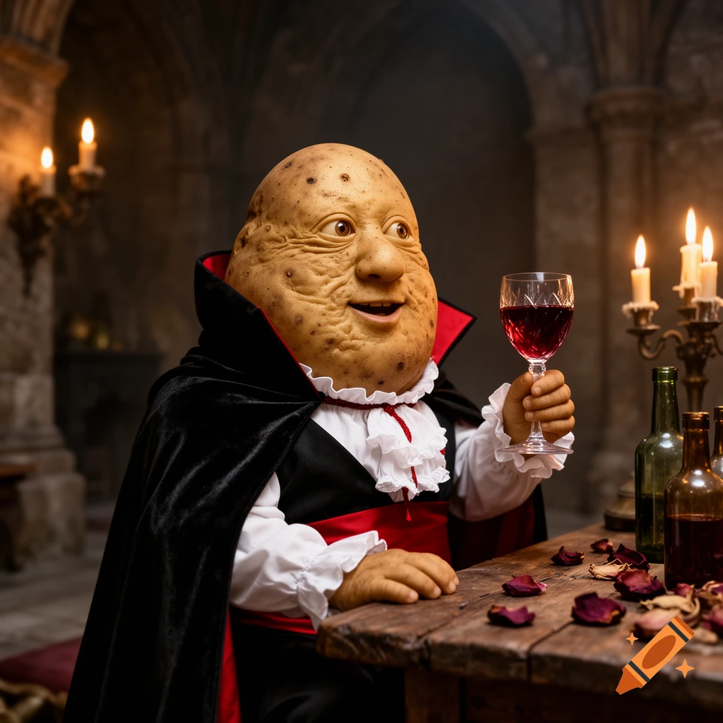 A photorealistic potato with a human-like face, dressed as a vampire, holding a glass of red wine in a gothic setting.