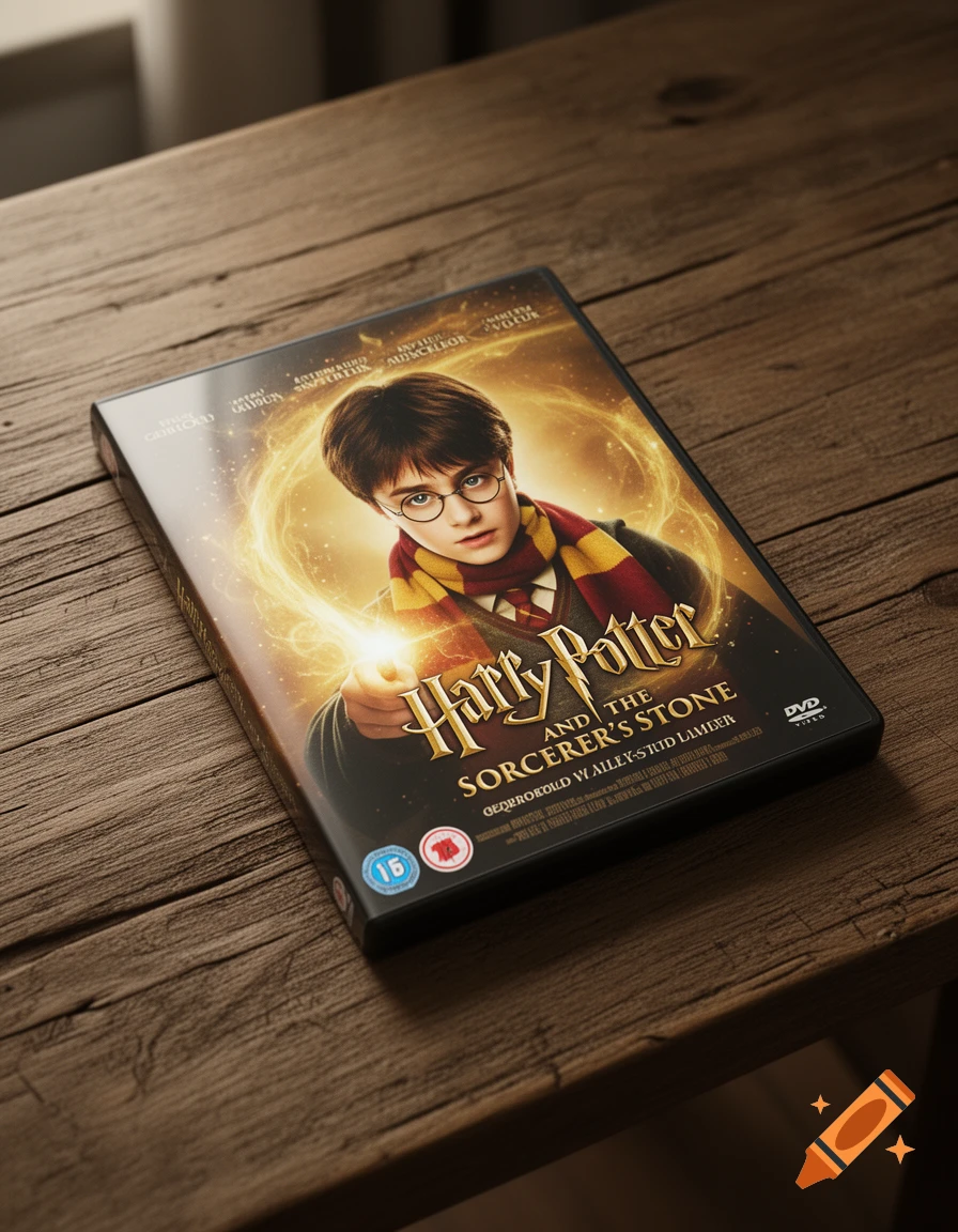 A Harry Potter and the Sorcerer's Stone DVD case featuring Harry with a wand, resting on a wooden table.