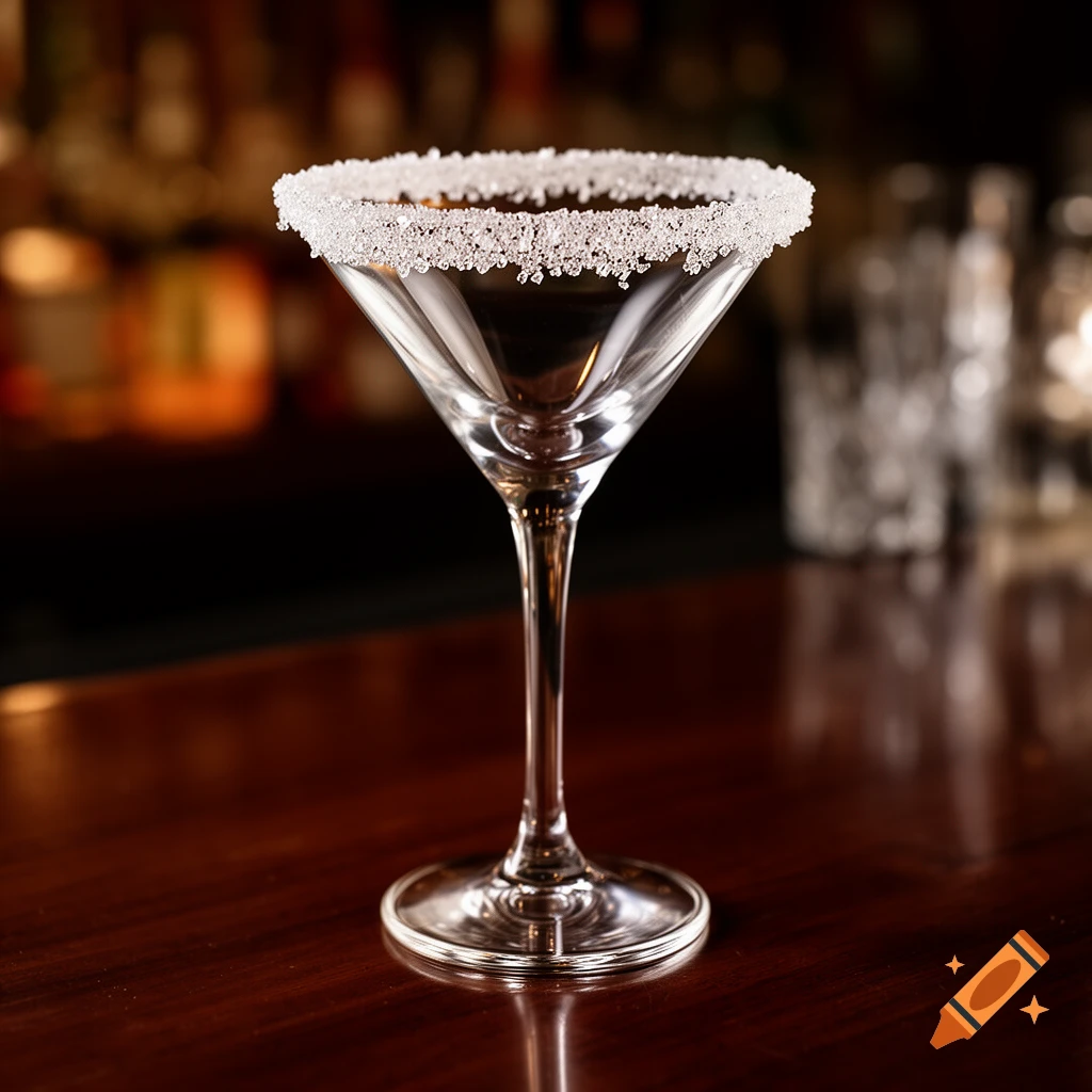 An empty martini glass with a sparkling sugar rim stands on a dark wooden bar in a blurred, dimly lit background.