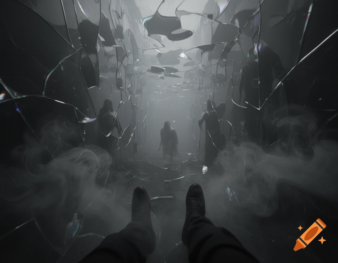 First-person view of legs entering a dark, fog-filled tunnel of broken glass, with shadowy figures ahead.