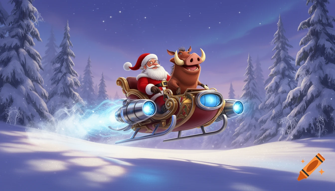 Santa Claus and Pumbaa from The Lion King fly a jet-powered sleigh through a snowy winter landscape at night, cartoon style.