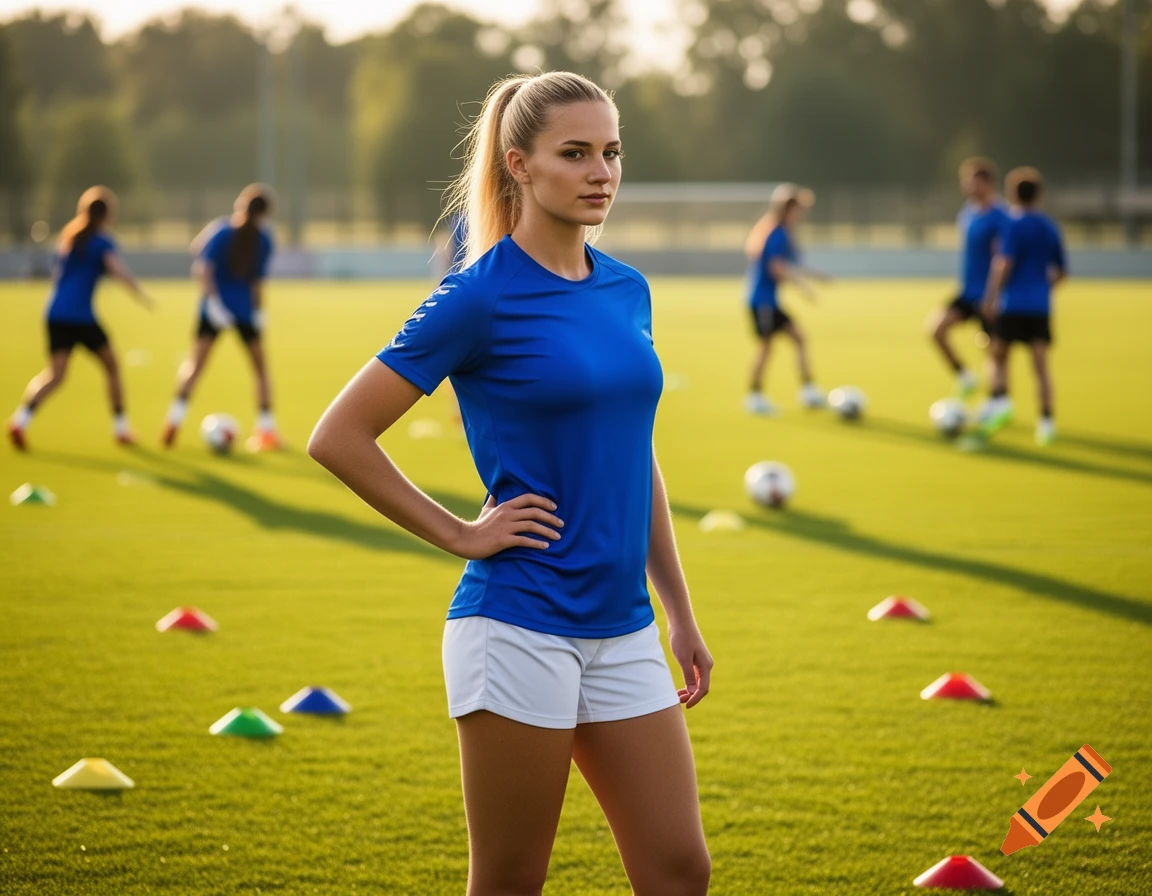 A blonde woman in a blue jersey and white shorts poses on a soccer field with other players in the background.