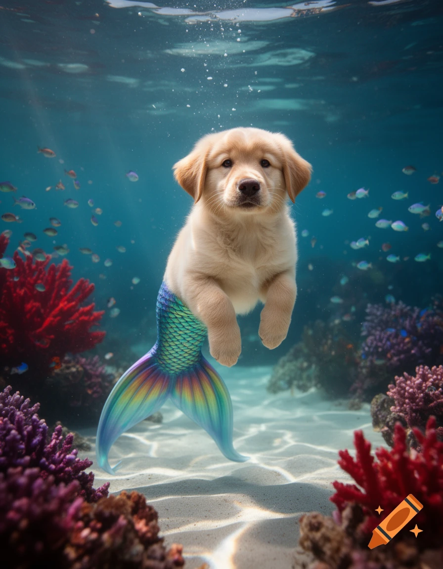 A photorealistic golden retriever puppy with a colorful mermaid tail swims underwater among coral and small fish.