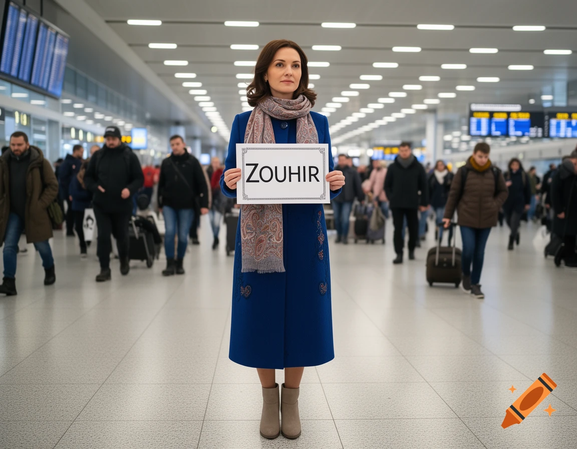 A woman stands in a busy airport holding a sign that reads "ZOUHIR".