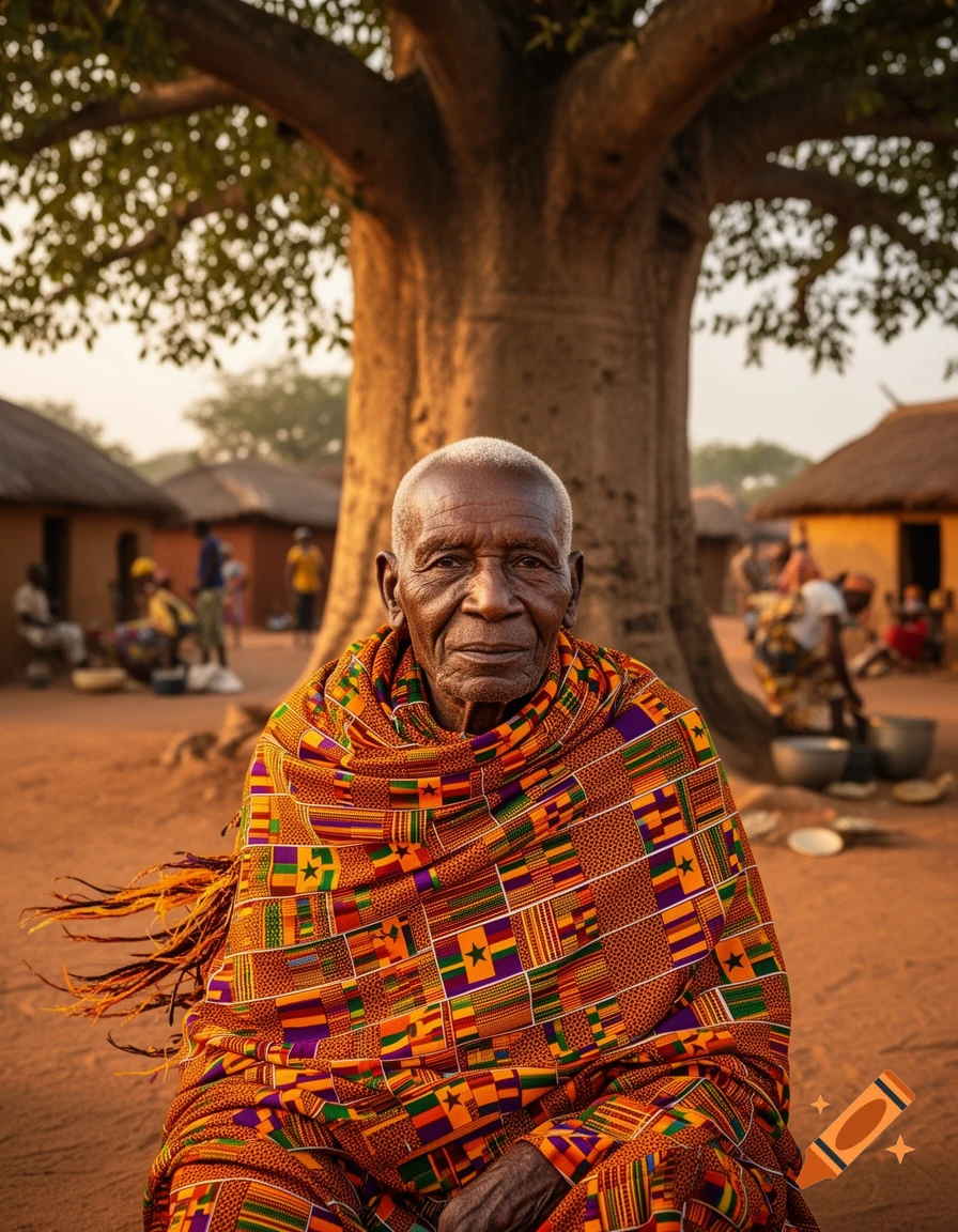 Photorealistic portrait of an old Ghanaian man in vibrant kente cloth in a village setting.