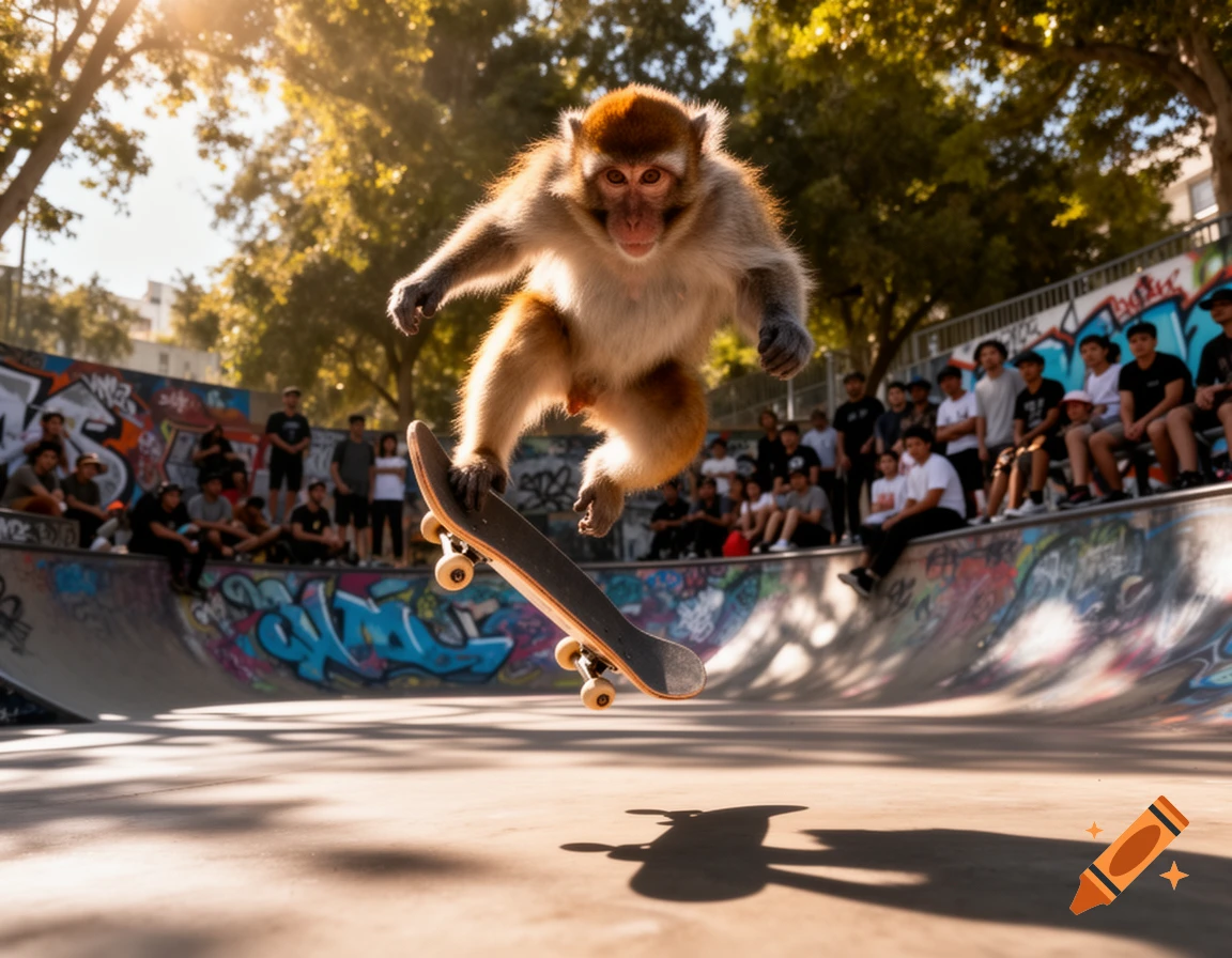 A monkey in mid-air performing a kickflip on a skateboard at a sunlit skatepark, with spectators in the background.