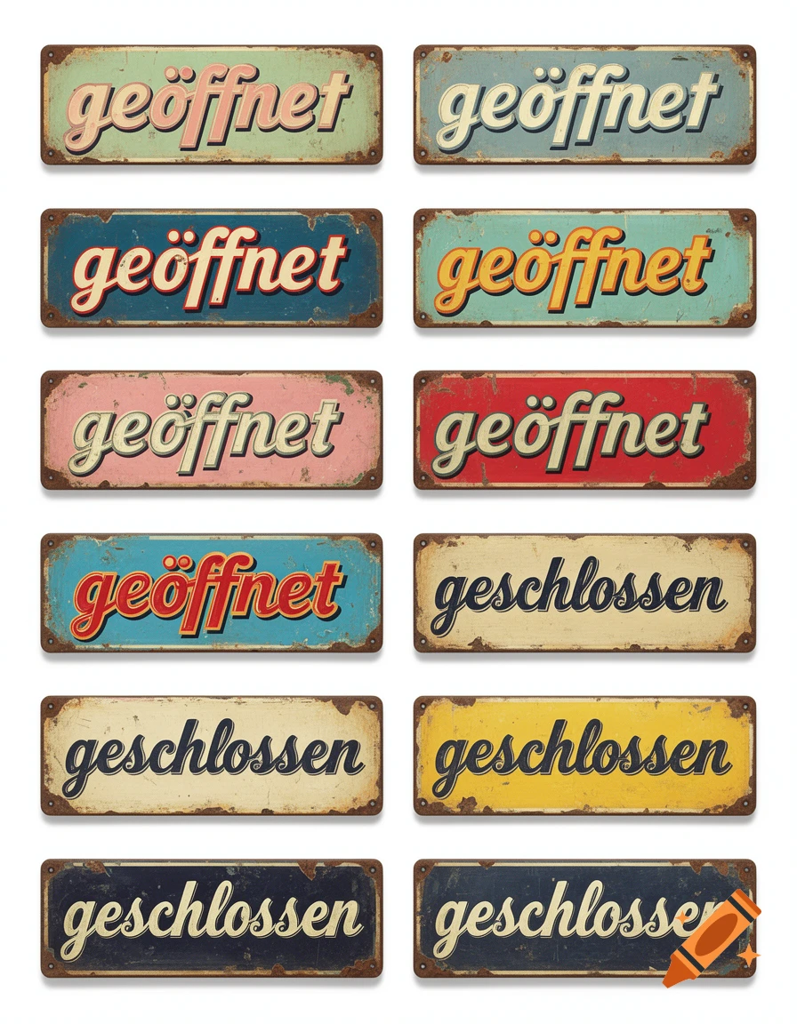 A grid of twelve rectangular retro-style signs with rusty edges, displaying 'geöffnet' and 'geschlossen' in various colors on a white background.