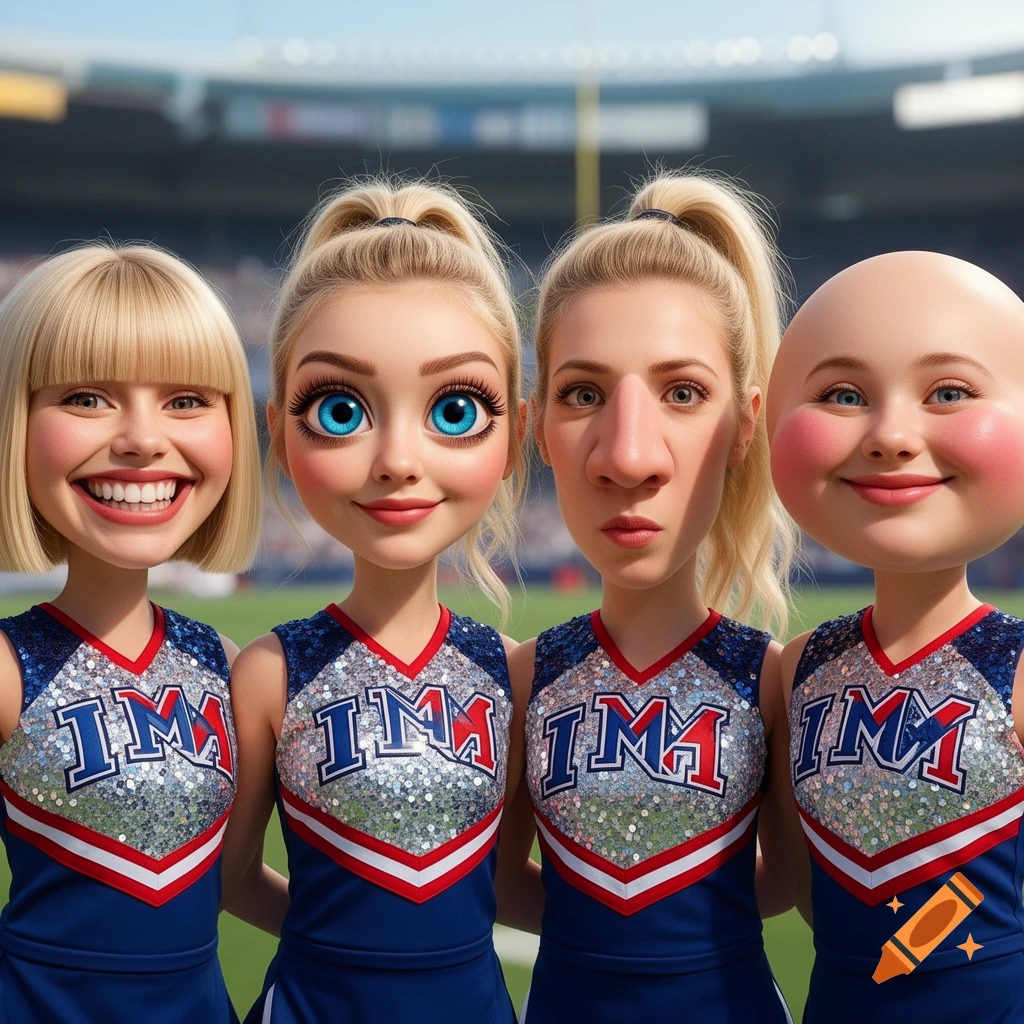 Four stylized female cheerleaders with exaggerated features, including a wide smile, large eyes, a big nose, and a bald head, stand in a stadium.