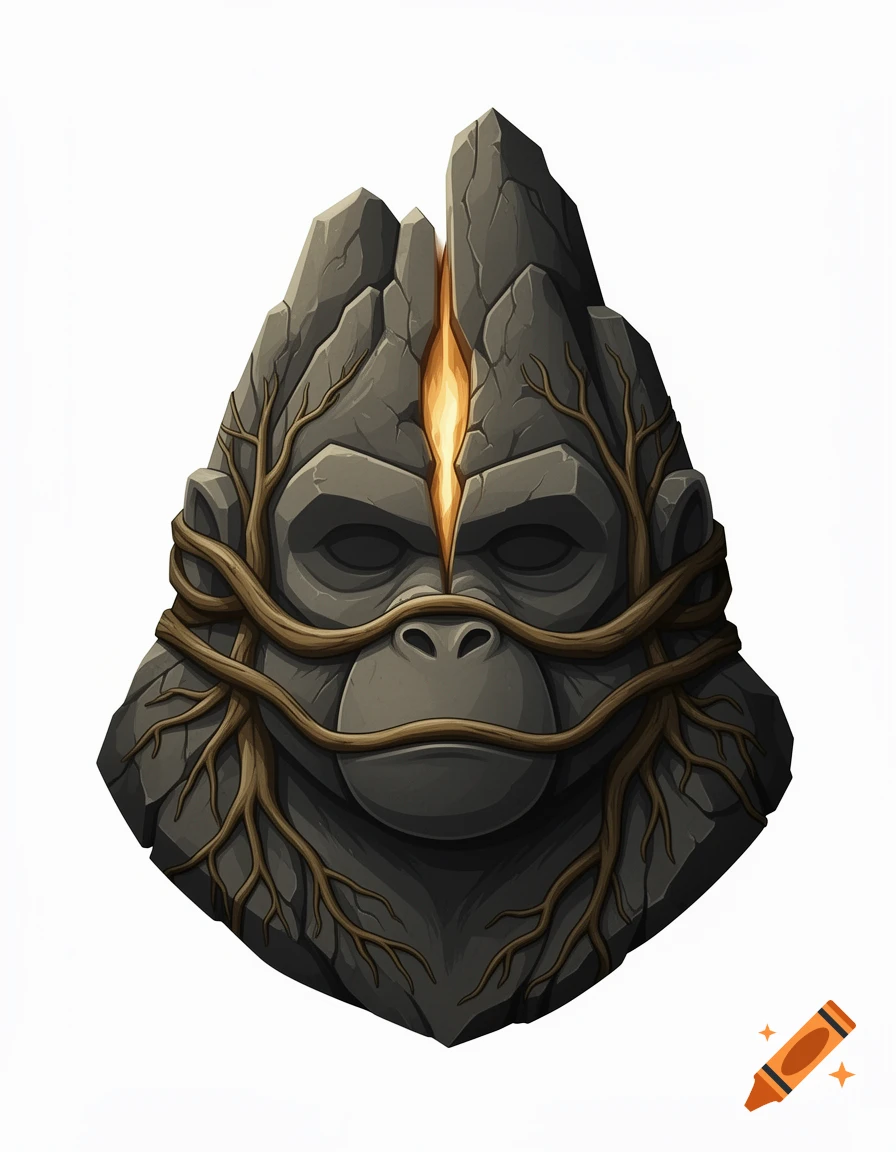 A mythical, symmetrical stone monkey face with dark, angular rock planes. Tree roots wrap around its face, and a vertical fissure on its forehead emits a faint warm glow.