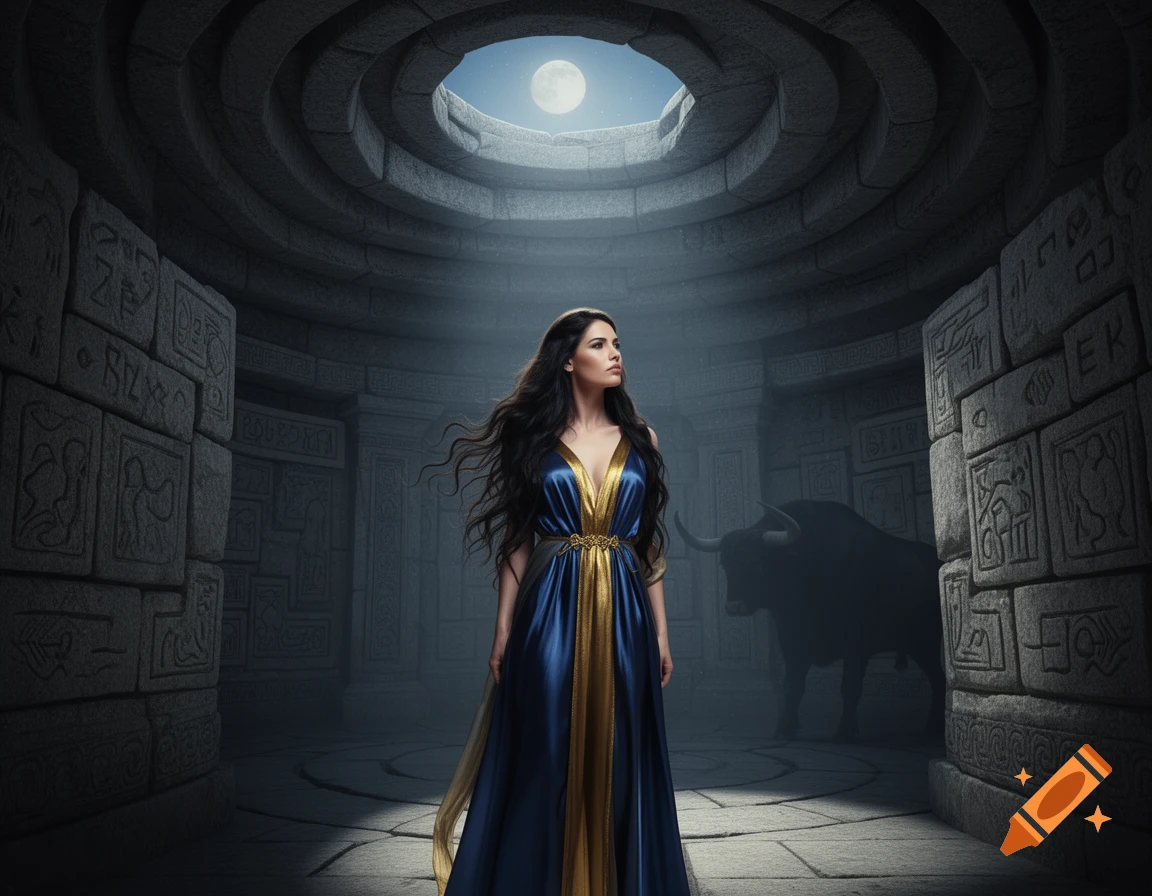 A woman in a blue and gold gown stands in a circular stone labyrinth under a full moon, with a shadowy bull in the background.