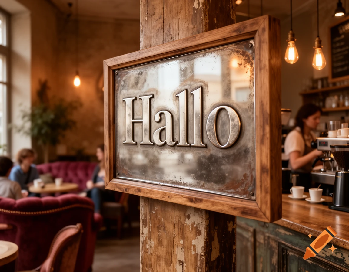 A wooden sign with 'Hallo' hanging on a post in a cozy, bustling coffee shop with blurred patrons.