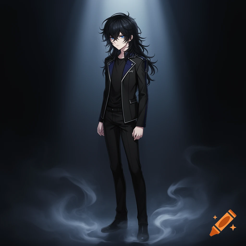 Anime boy with long black hair and blue eyes, wearing a black suit, standing in a dark spotlight with smoke.