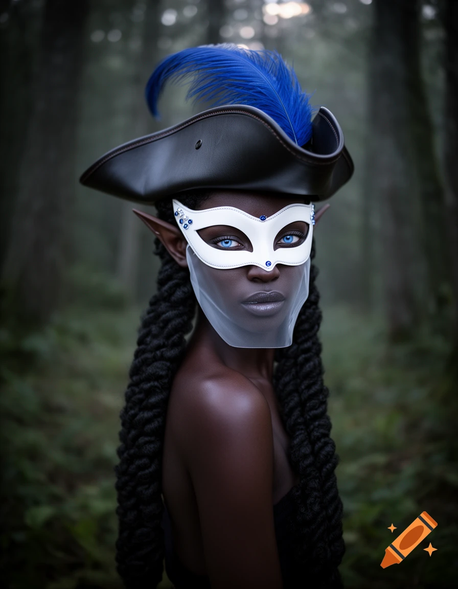 Photorealistic portrait of a dark-skinned elf woman with blue eyes, wearing a white mask, a sheer veil, and a black feathered tricorn hat, in a forest.
